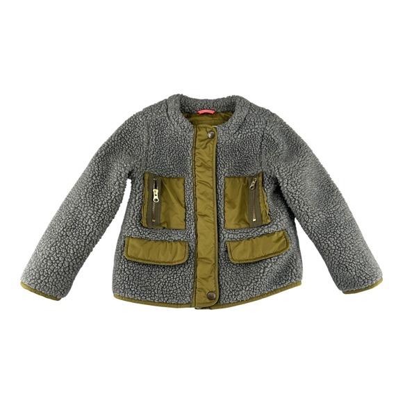 Crewcuts Gray Olive Green Sherpa Fleece Jacket Kids Size 4/5 Pockets Full Zip - Picture 1 of 10